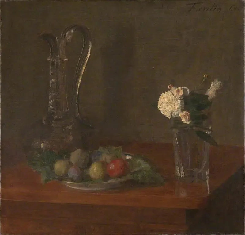 Cam sürahi, meyve ve çiçeklerle natürmort - Henri Fantin-Latour