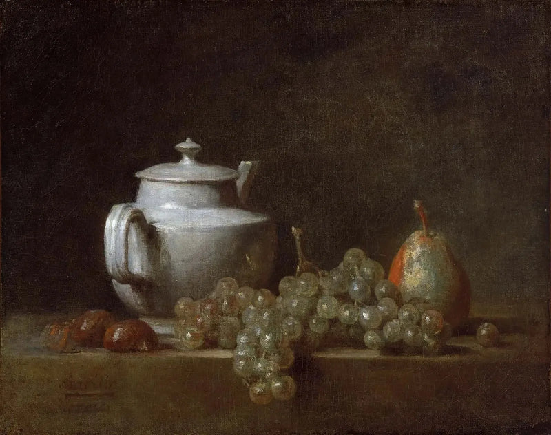 Tablo: Çaydanlık, üzüm, kestane ve armut ile natürmort - Jean Siméon Chardin