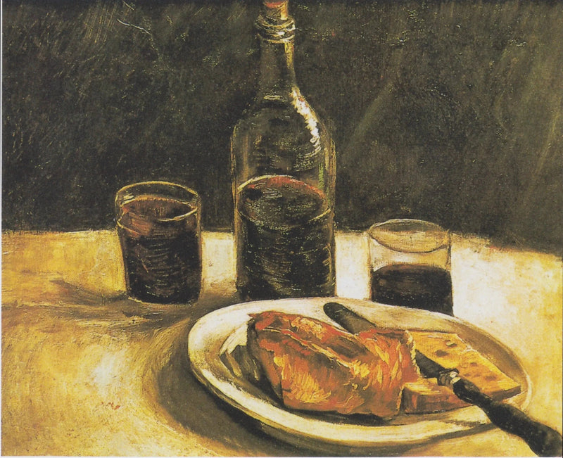 Şişe, iki bardak, peynir ve ekmekli natürmort - Vincent van Gogh