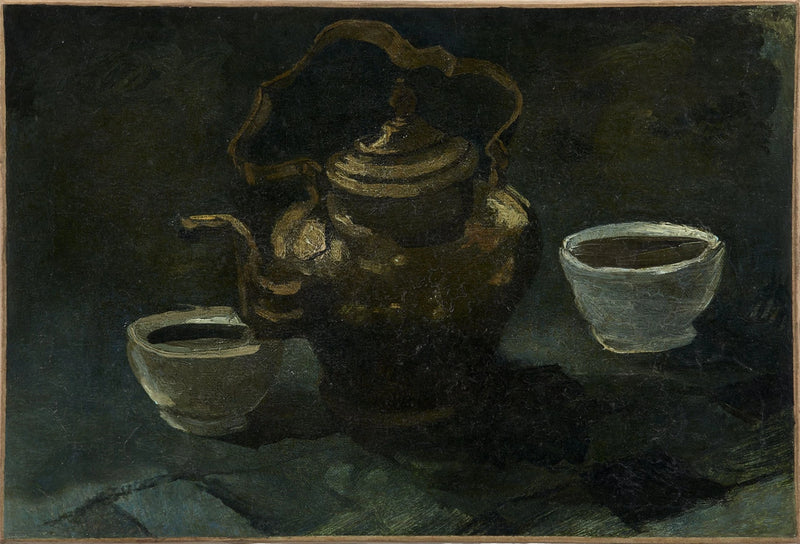 Natürmort, bakır kahve makinesi ve iki beyaz kase - Vincent van Gogh