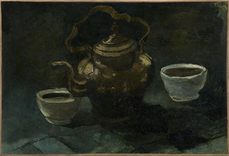 Natürmort, bakır kahve makinesi ve iki beyaz kase - Vincent van Gogh