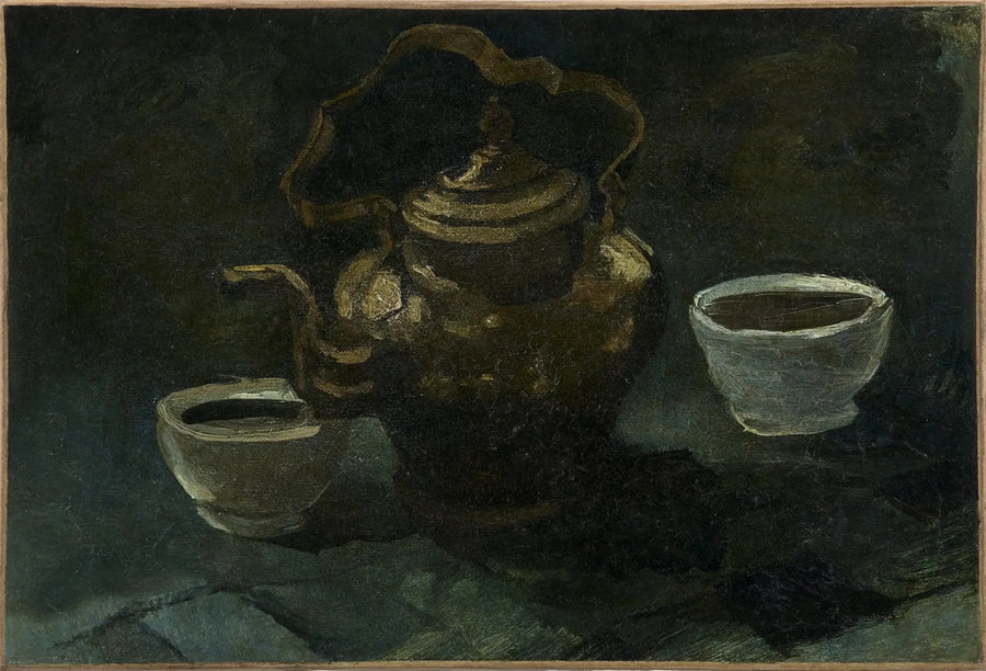 Natürmort, bakır kahve makinesi ve iki beyaz kase - Vincent van Gogh