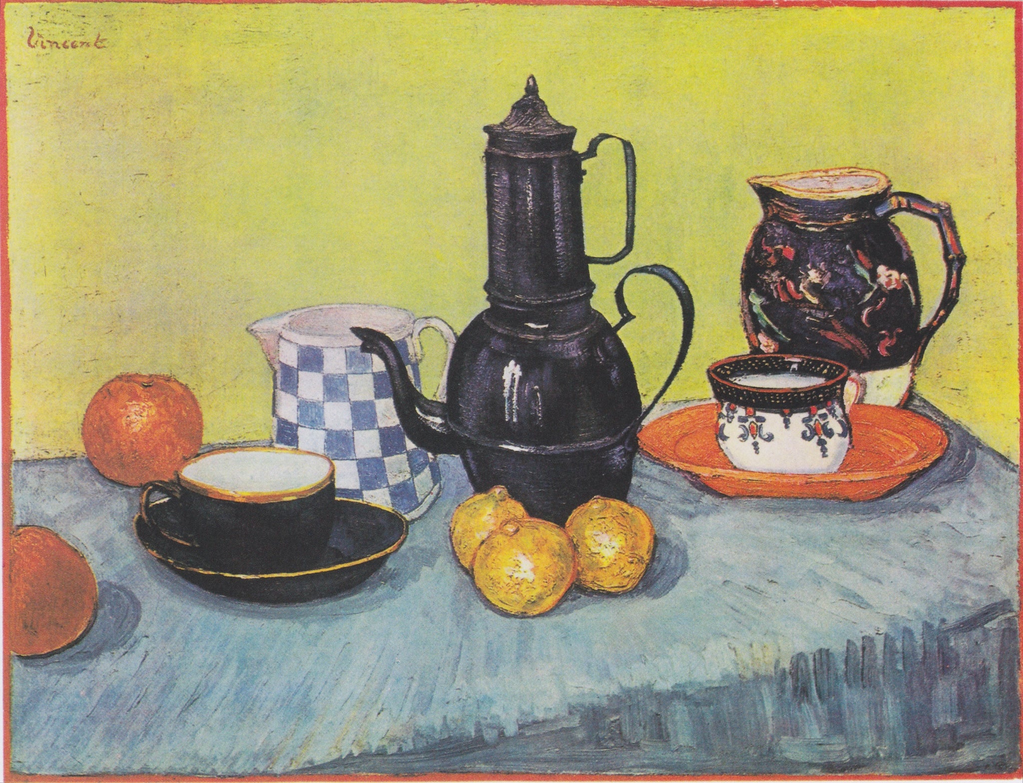 Nature morte à la cafetière, F410 — cafetière bleue, vaisselle et fruits sur une table peints par Vincent van Gogh