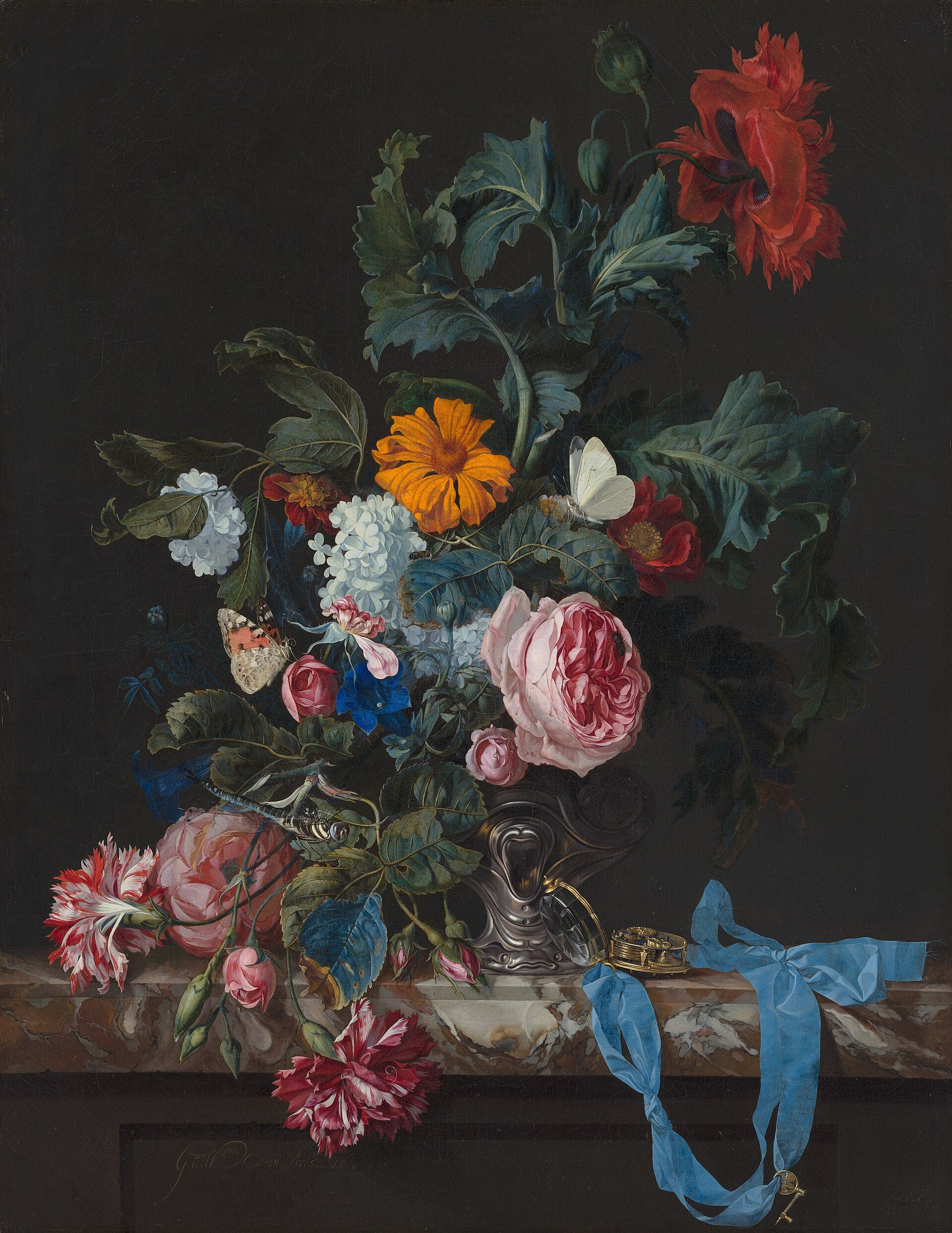 Nature morte florale à la montre – Willem van Aelst, peinture de coquelicots