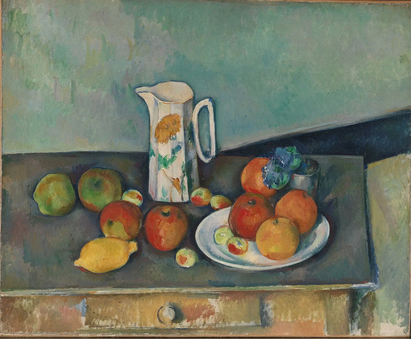 Natürmort, süt kabı ve bir masanın üzerindeki meyveler - Paul Cézanne