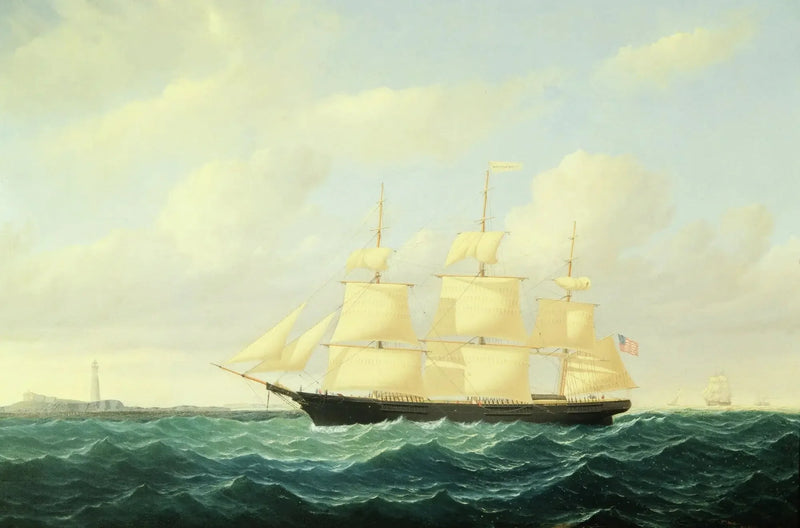 Boston Feneri Açığında Dalgalı Klasik Yelkenli Gemi - William Bradford