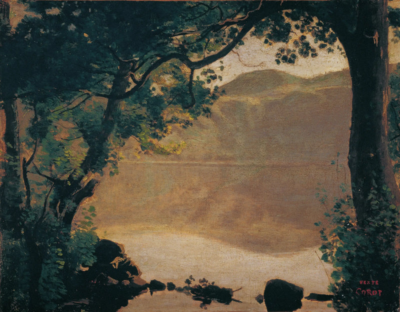 Nemli, ağaçlar arasından görülen göl - Jean-Baptiste Camille Corot