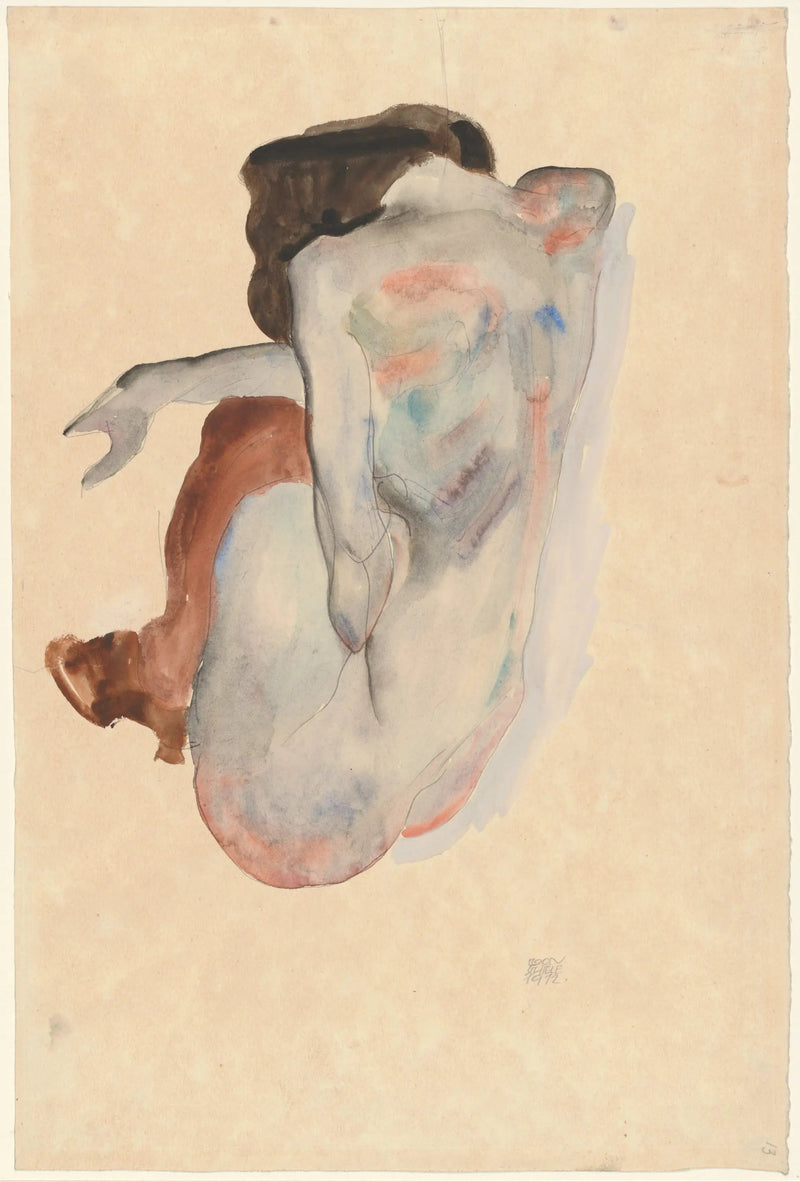 Siyah ayakkabılar ve çoraplar içinde çömelmiş kadın, arka görünüm - Egon Schiele