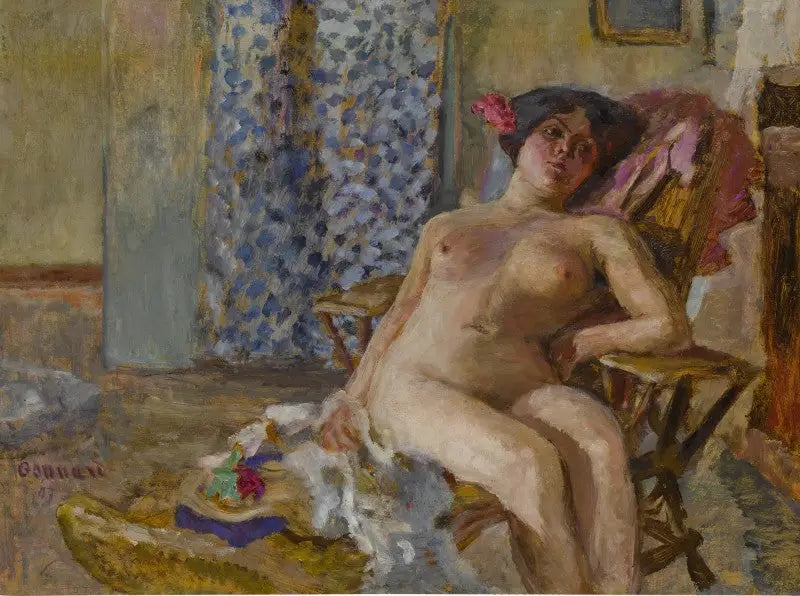 Oturan kadın, Saçlarında çiçekler (Nü çalışması) - Pierre Bonnard