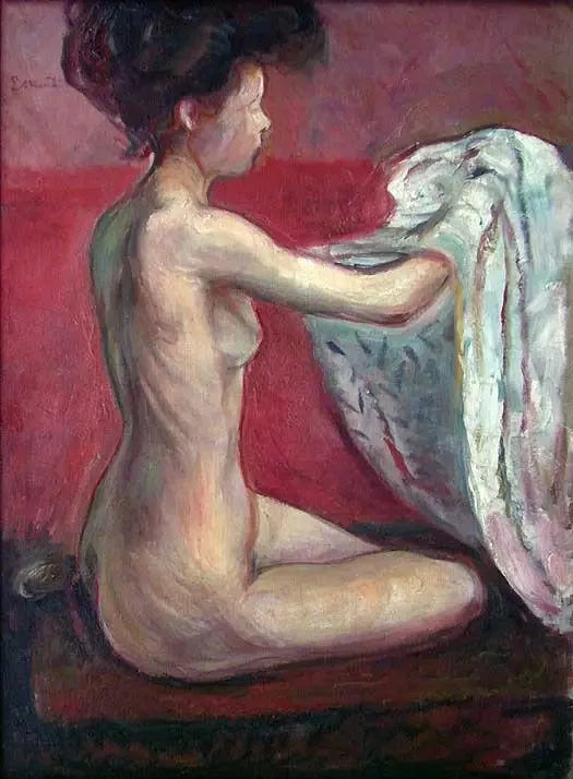 Kırmızı bir arka planda oturan nudo - Edvard Munch