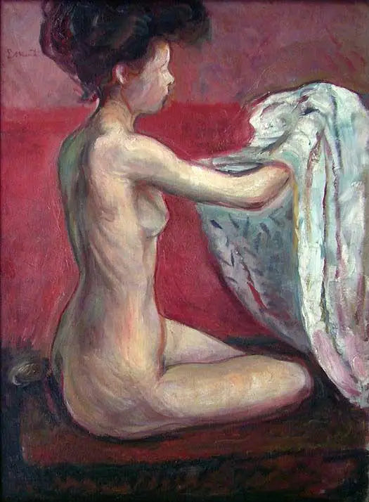 Kırmızı bir arka planda oturan nudo - Edvard Munch