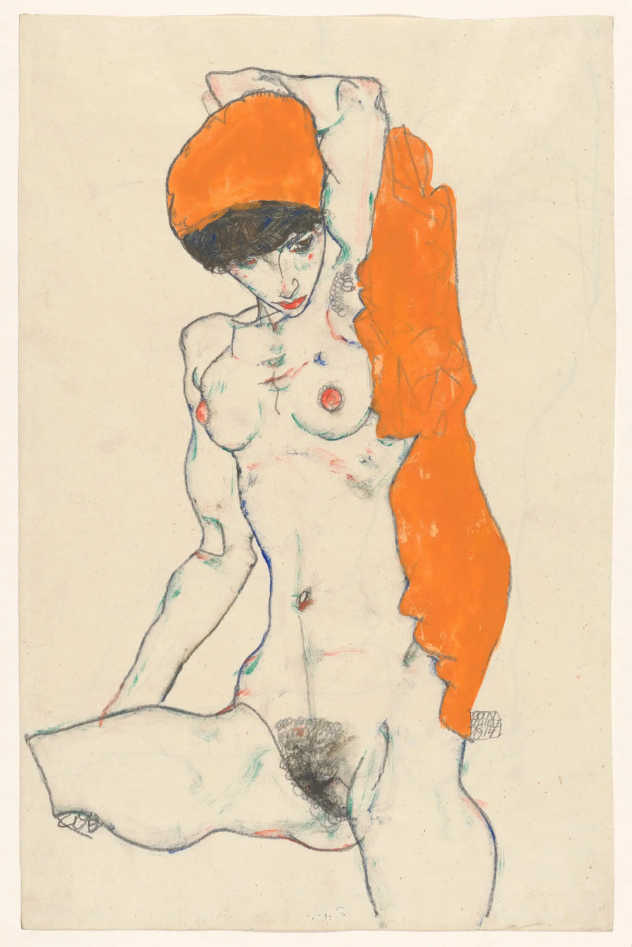 Portre Duruşunda Turuncu Drapeli - Egon Schiele