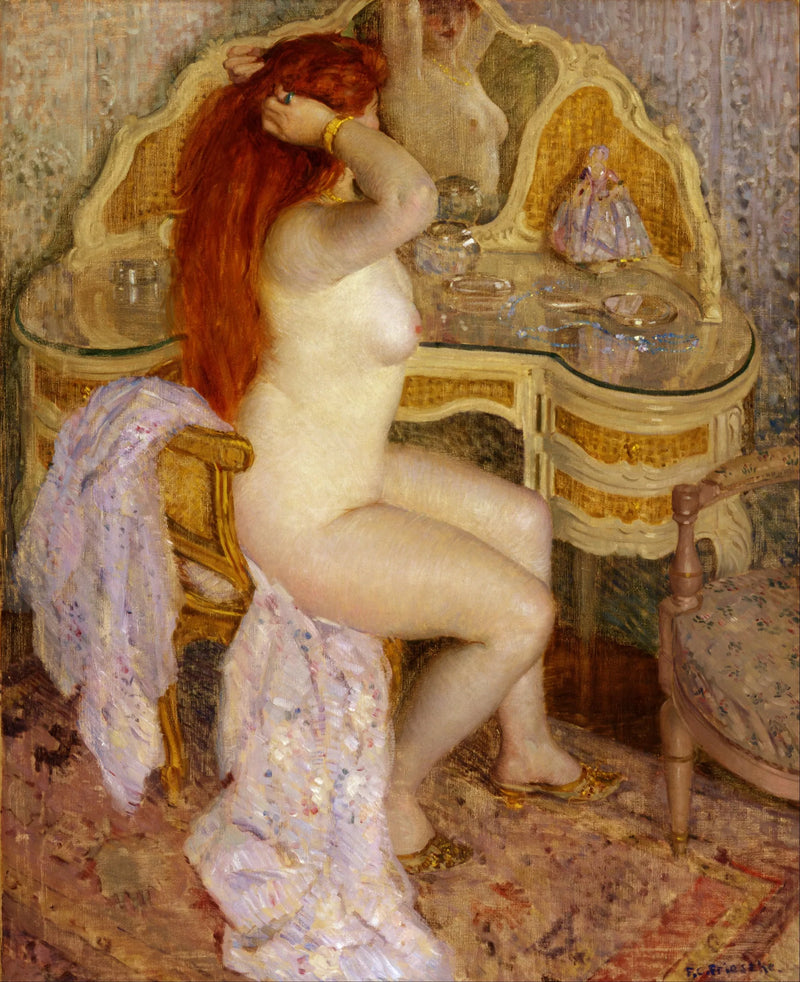 Çıplak oturmuş, makyaj masasına yaslanmış - Frederick Carl Frieseke