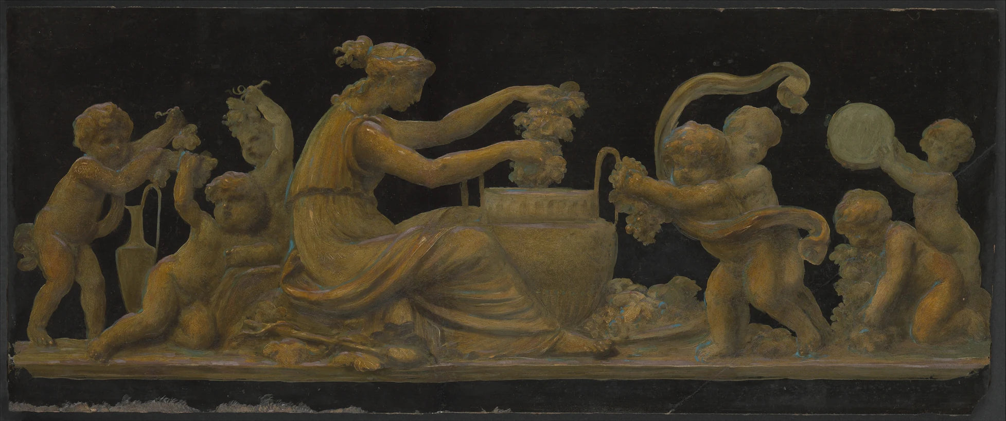 Nymphe et putti dans une scène de vendanges ; Nymphe à la couronne et putti aux guirlandes de fleurs - Piat Joseph Sauvage