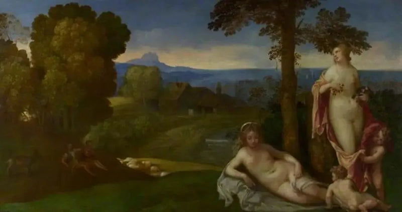 Nymfler ve çocuklar bir manzarada çobanlarla - Giorgione