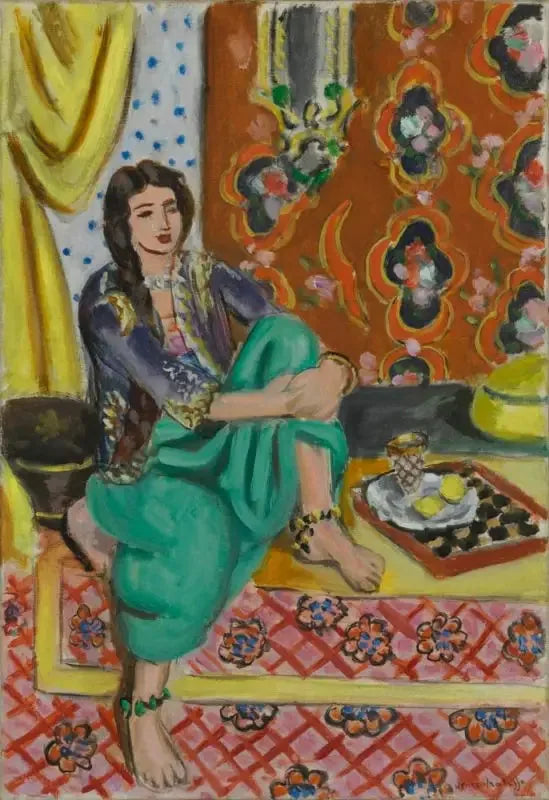 Oturan odalisque, sol diz bükülü, süsleme ve dama arka plan - Henri Matisse