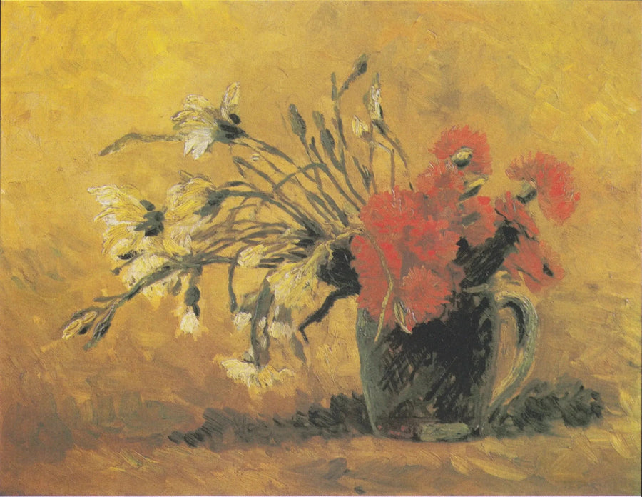 Sarı zemin üzerinde kırmızı ve beyaz karanfil ile vazo - Vincent van Gogh