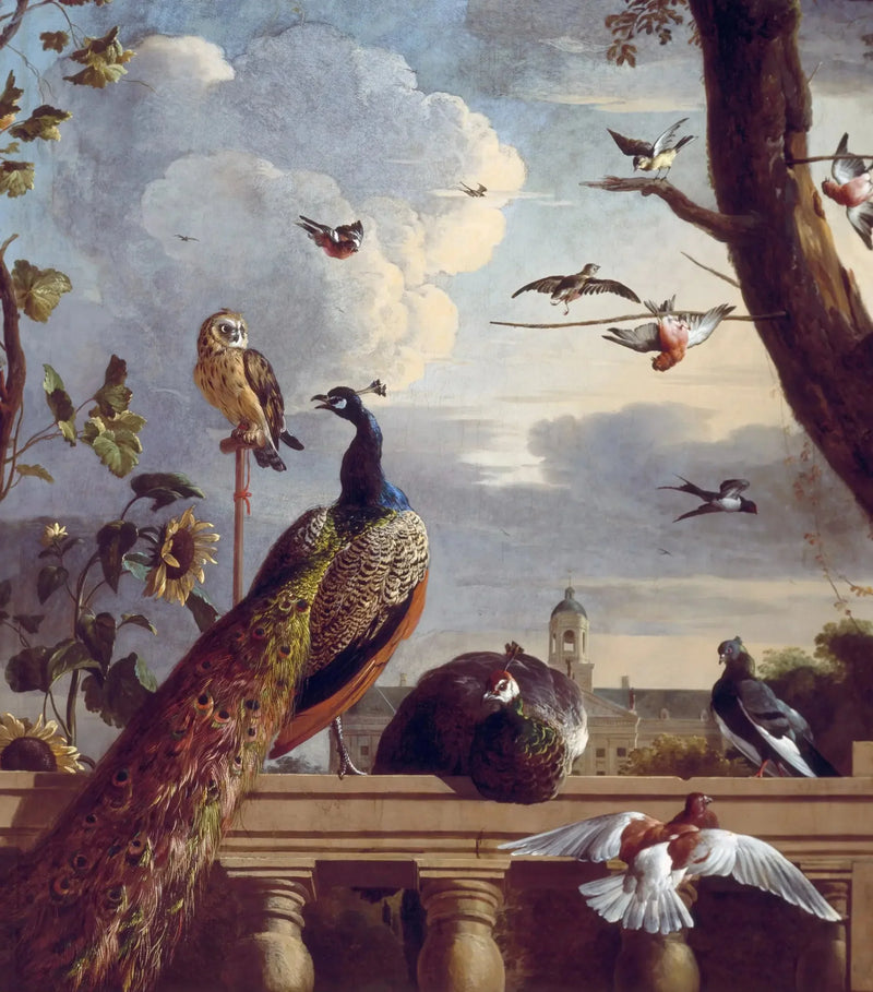 Kuşlar bir korkuluk etrafında, arka planda Amsterdam belediye binasıyla, 1670 - Melchior de Hondecoeter