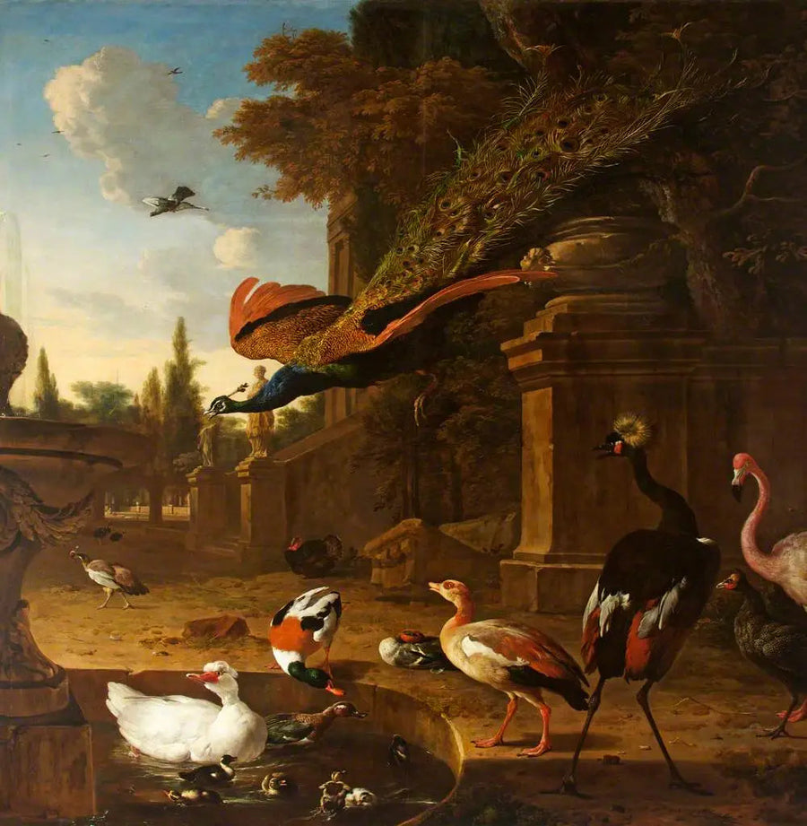 Bir parkta ve yakınında bir gölet içindeki ve yanındaki süs kuşları, uçan bir tavuskuşu ile - Melchior de Hondecoeter