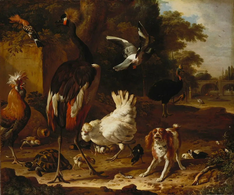 Kuşlar ve spaniel bahçede - Melchior de Hondecoeter
