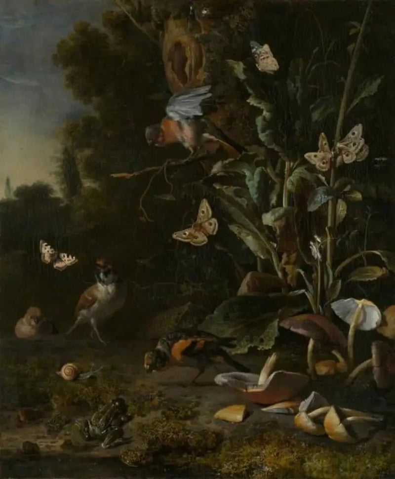 Kuşlar, kelebekler ve bir kurbağa, bitkiler ve mantarlar arasında - Melchior de Hondecoeter