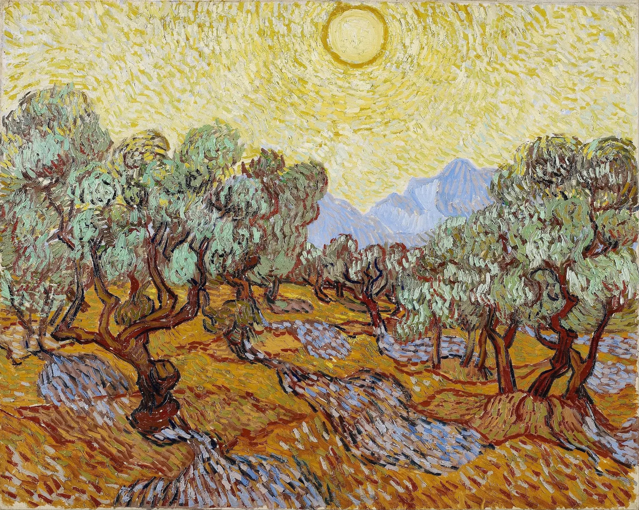 Oliviers avec ciel jaune et soleil - Vincent van Gogh image 1 copie peinte à la main à l’huile