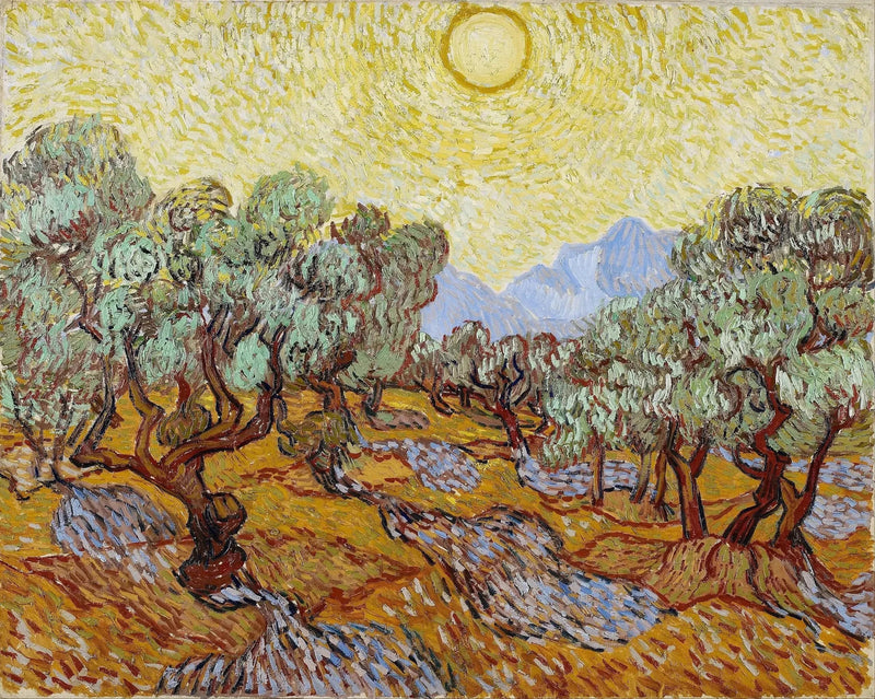 Sarı gökyüzü ve güneşli zeytin ağaçları - Vincent van Gogh
