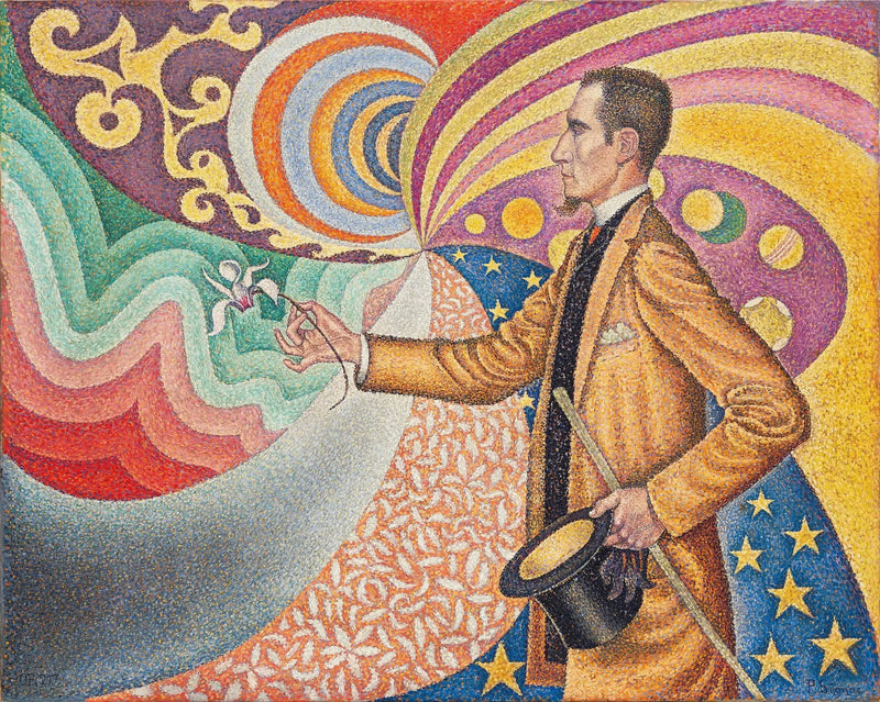 Ölçüler ve açılar, tonlar ve tonlar üzerine ritmik bir arka planın emayesi üzerine Opus, 1890'da M. Félix Fénéon'un portresi - Paul Signac