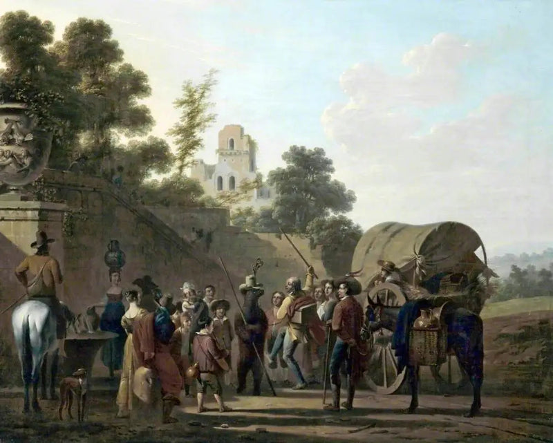 Dans eden ayılar ve kalıntılar içindeki seyircilerle birlikte bir şato kalıntısında - Louis-Léopold Boilly