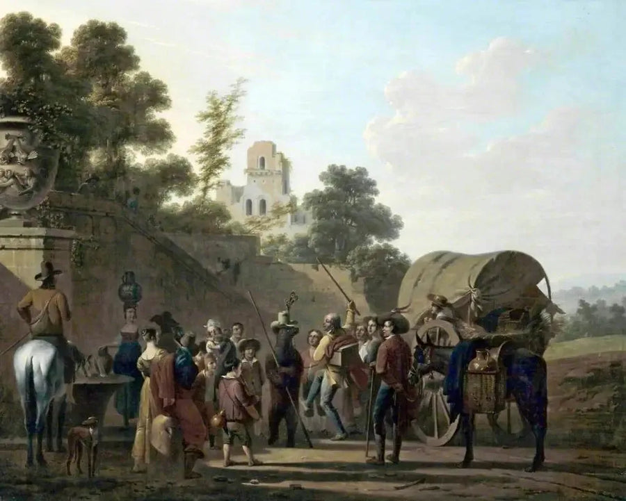 Dans eden ayılar ve kalıntılar içindeki seyircilerle birlikte bir şato kalıntısında - Louis-Léopold Boilly