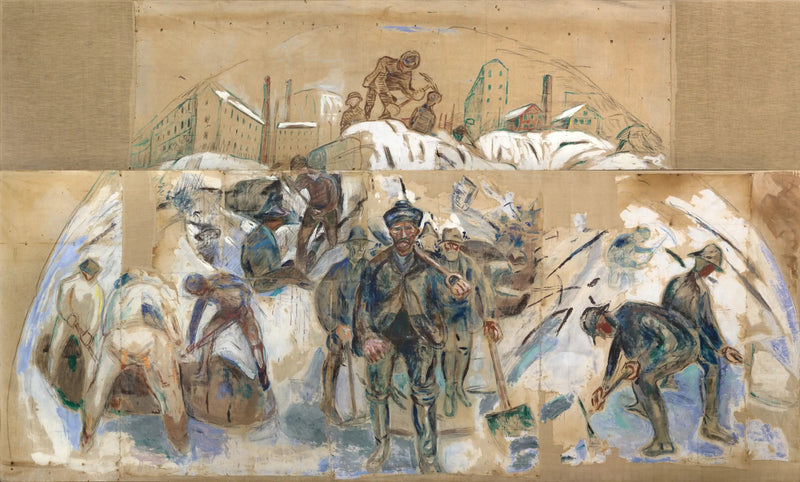 İnşaat sahasındaki işçiler. Oslo Belediye Binası için bir dekor taslağı - Edvard Munch