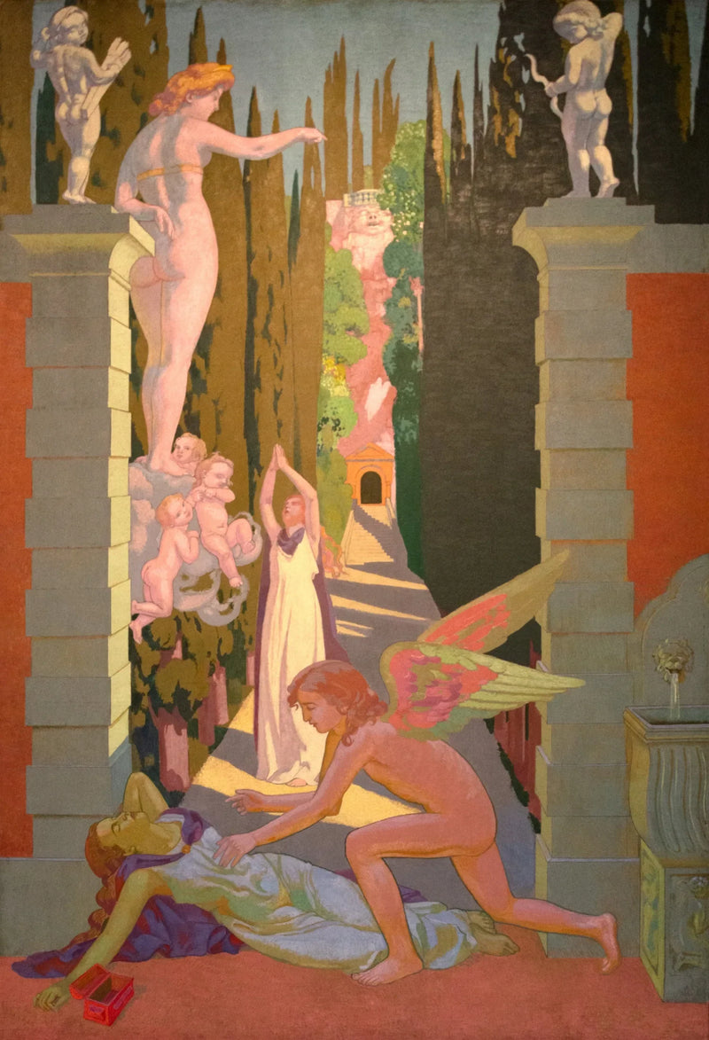 IV Paneli. Venus'e en zorlu sınavlar altında teslim edilen Psyche, talihsizliğine rağmen ikinci kez merakına yenik düşer: bu durumda, Aşk tarafından kurtarılır - Maurice Denis