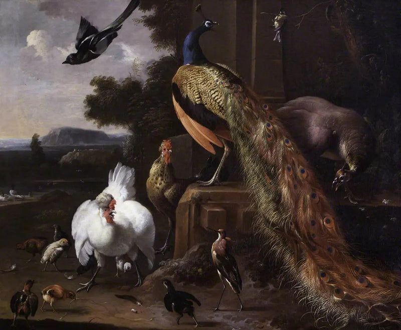 Hindiler ve kümes hayvanları, bir karga ile birlikte manzarada - Melchior de Hondecoeter