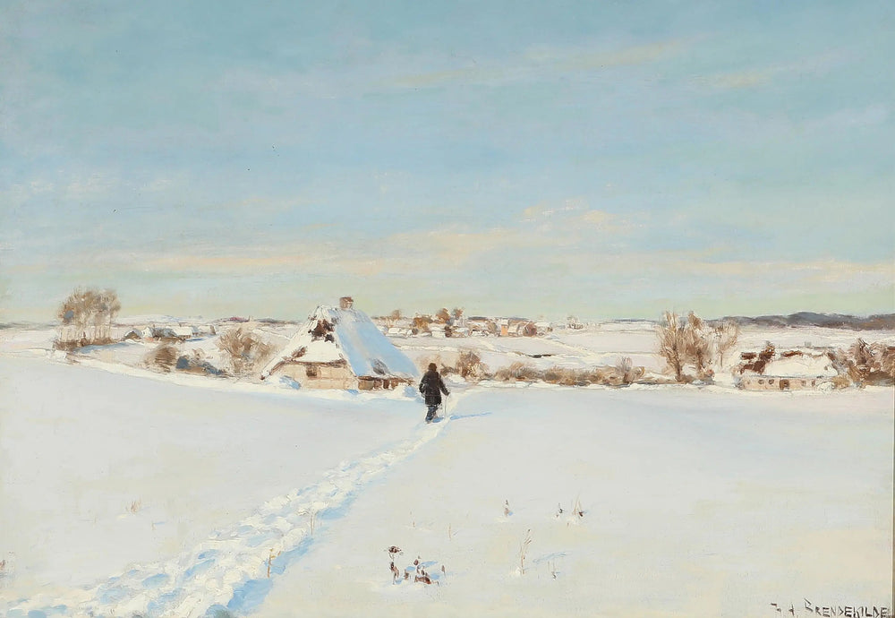 Par une belle journée d’hiver un homme marche vers une ferme. - H. A. Brendekilde - Alpha Reproduction