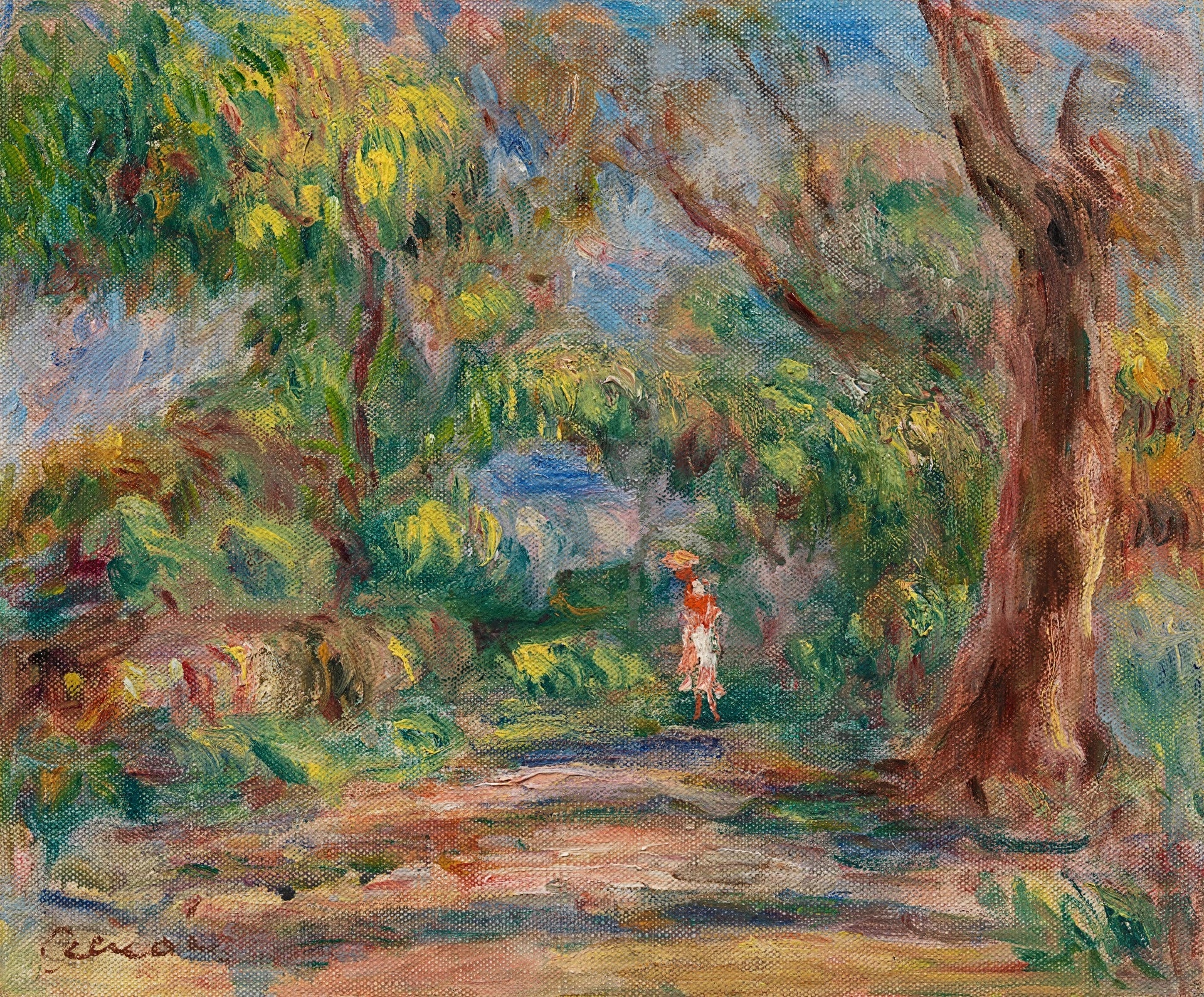 Paysage, allée de ferme avec femme en rouge et blanc de Renoir, 1918 – reproduction peinture à l’huile sur toile