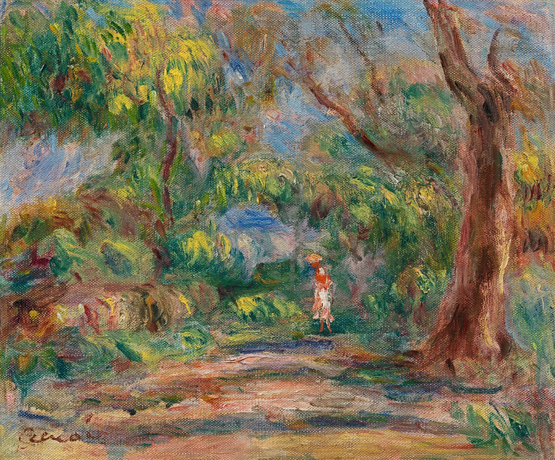 Manzara, kırmızı ve beyaz giysili kadınla çiftlik yolu - Pierre-Auguste Renoir
