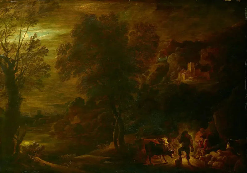 Ay Işığında Manzara ve Ateş Başında Çobanlar - David Teniers le Jeune