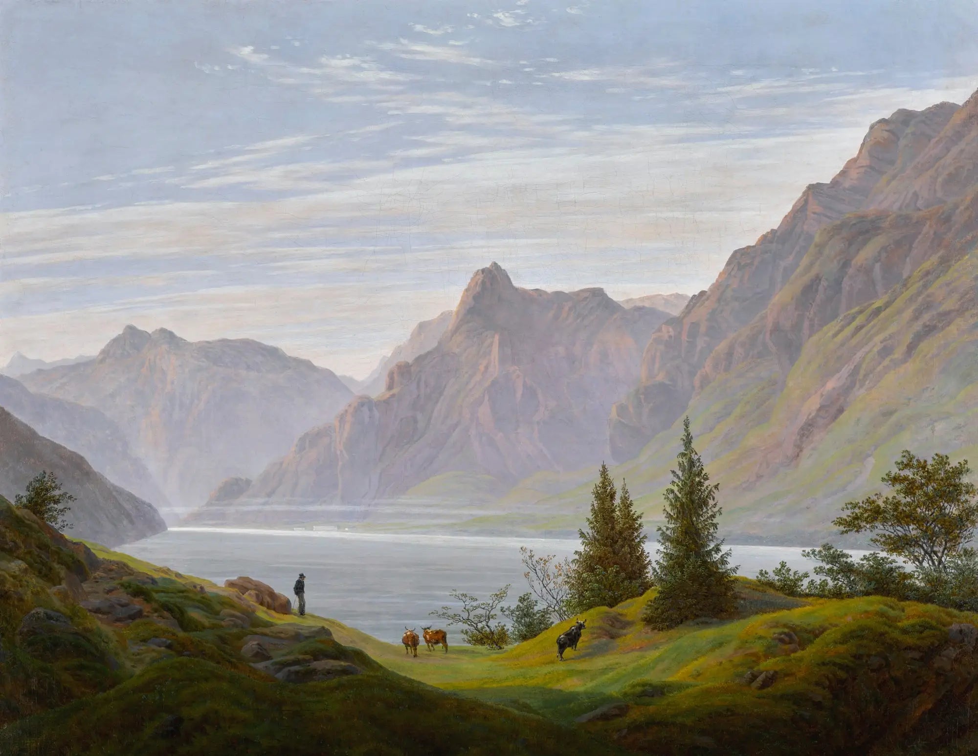 Paysage au lac de montagne, matin - Caspar David Friedrich image 1 reproduction de peinture à l’huile