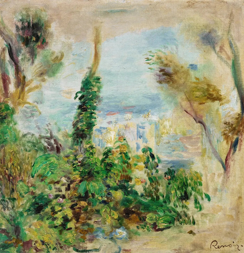 Manzara, ön planda sarmaşık çiçekler, arka planda evler - Pierre-Auguste Renoir