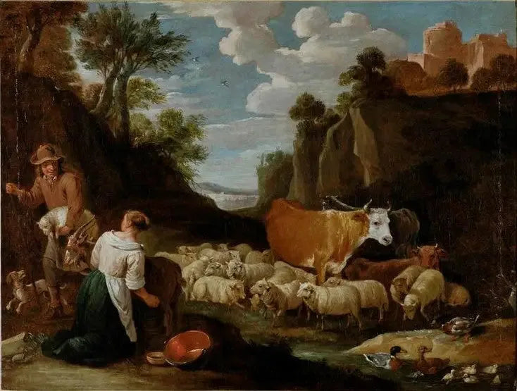 Çobanlar ve hayvanlarla manzara - David Teniers genç