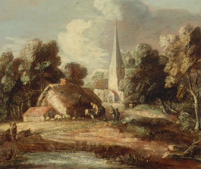 Manzara, kulübe ve kilise ile - Thomas Gainsborough