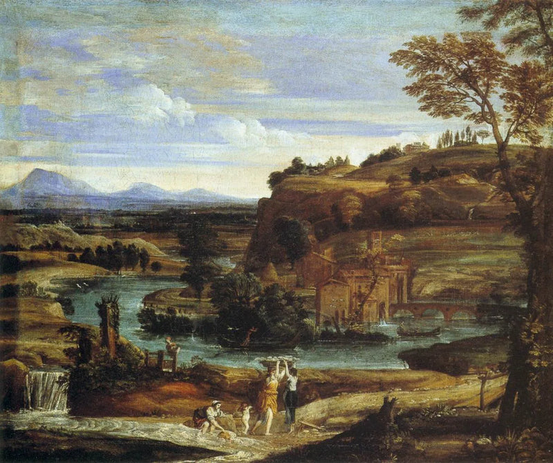 Manzara ve Çamaşır Yıkayıcılar ile Bir Çocuk Şarap Döküyor - Domenichino