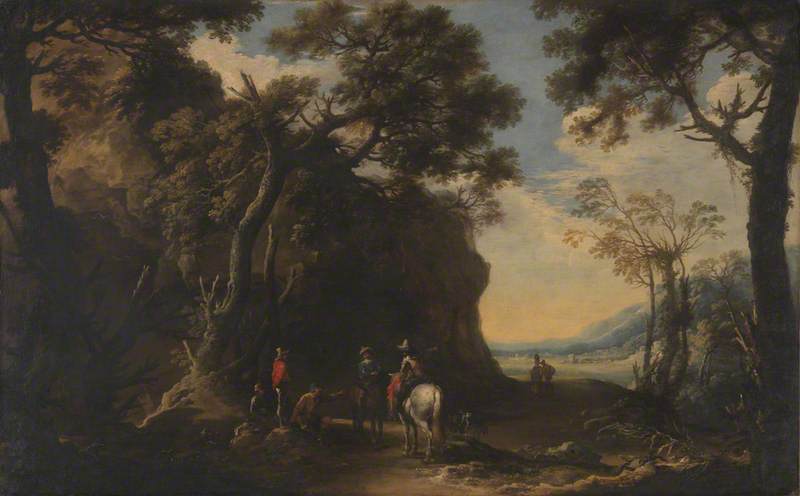 Paysage avec des voyageurs demandant leur chemin - Salvator Rosa image 1 tableau peint à l’huile sur toile