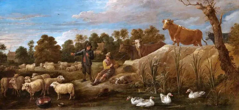İki çobanın, sığırların ve ördeklerin bulunduğu manzara - David Teniers le Jeune