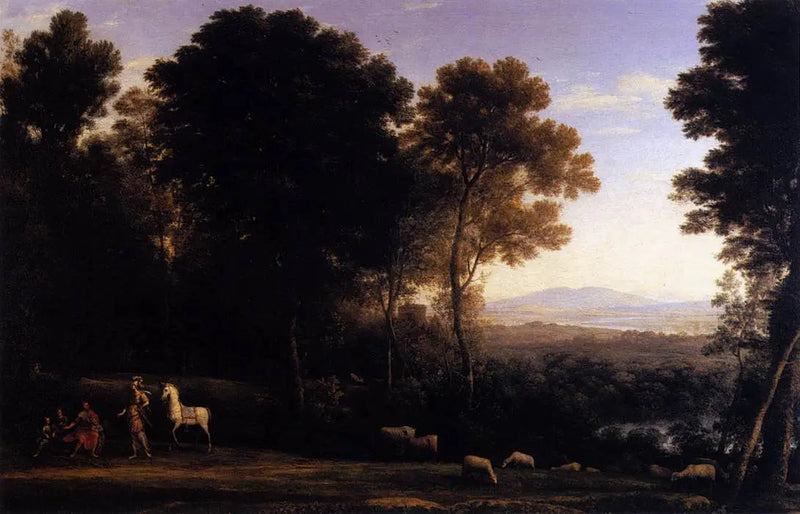 Erminia ile yaşlı adam ve oğullarıyla sohbet eden manzara - Claude Lorrain