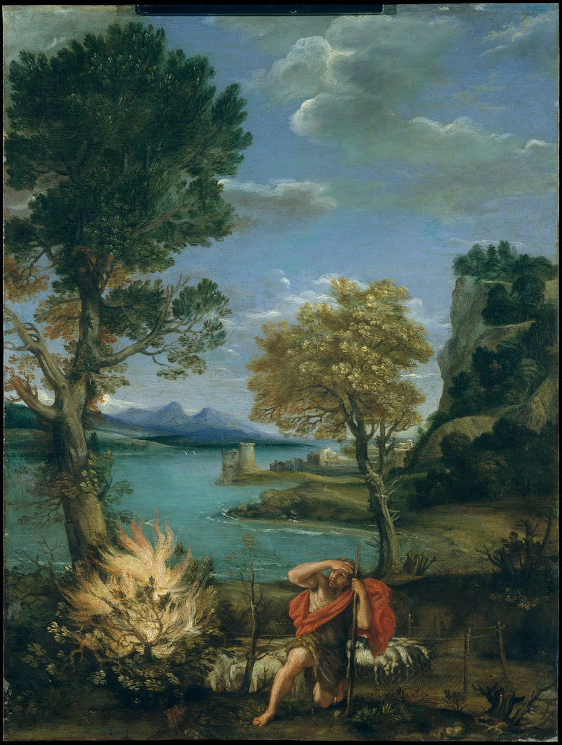 Moise ve Çöl Yanan Çalılık ile Manzara - Domenichino