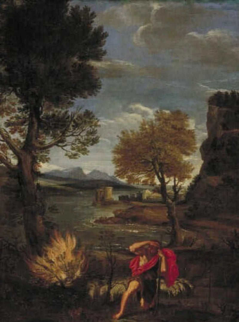 Moise ve Çöl Yanan Çalılık ile Manzara - Domenichino