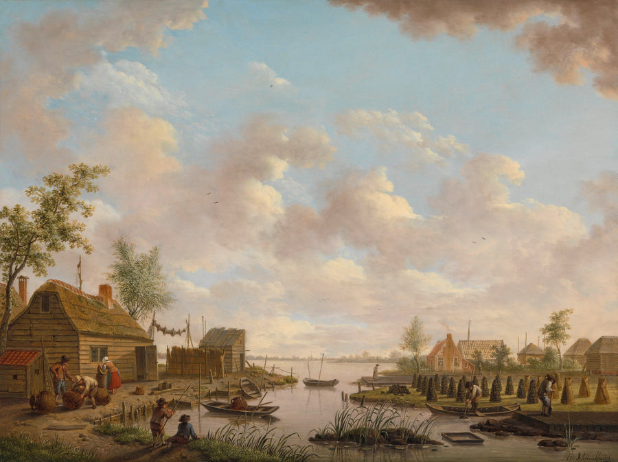 Paysage avec des pêcheurs et des agriculteurs coupant de la tourbe dans la tourbière - Heinrich Wilhelm Schweickhardt