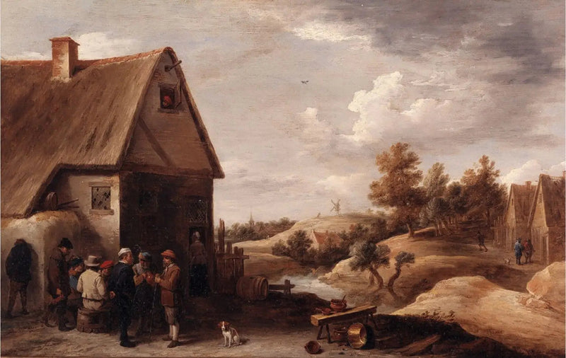Saman çatılı bir evin önünde figürlerle manzara - David Teniers le Jeune