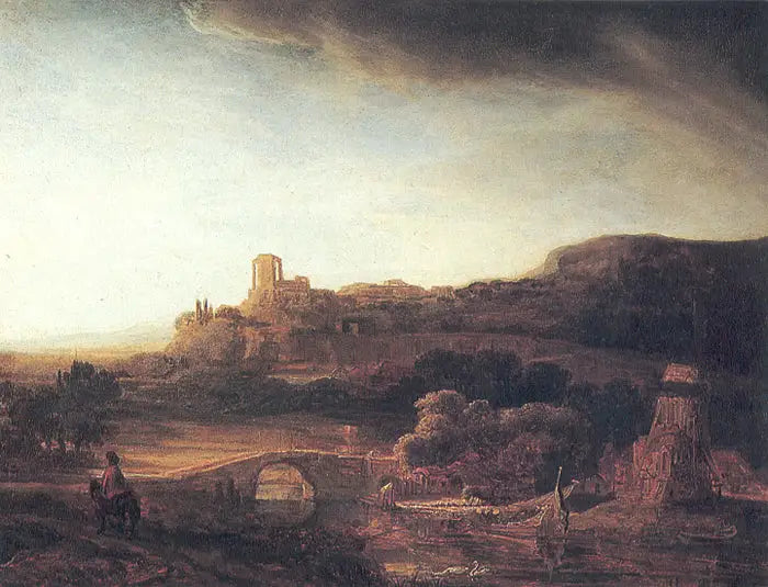 Harabe ve yel değirmeni manzarası - Rembrandt